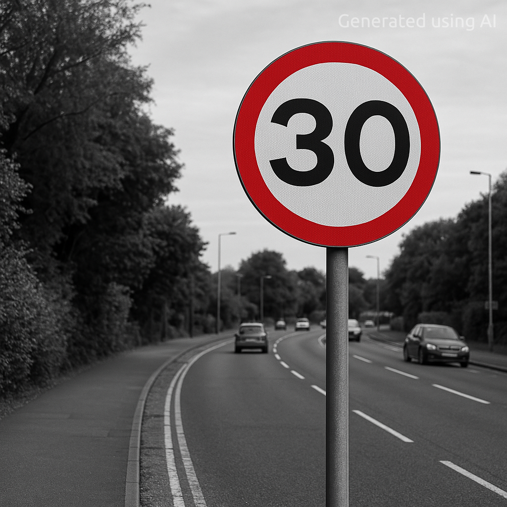 30mph speed limit sign. Please note that this image was created using AI (Copilot).
